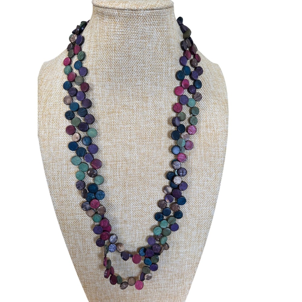 Multi Color‎ Wood Disc Bead Long Strand Bohemian Layering Necklace Boho Artsy